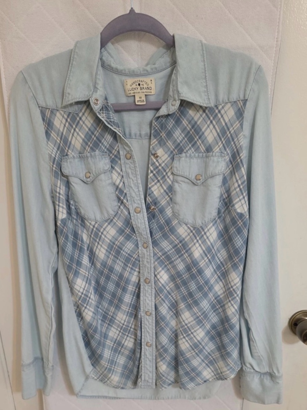 Lucky Brand Light Blue and White Plaid Western Shirt Size Small
